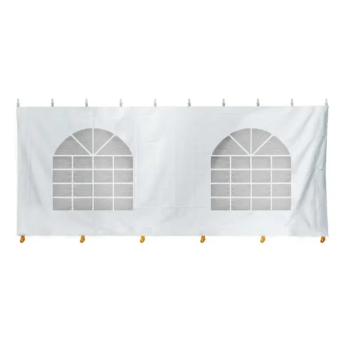 White outdoor event tent with two large arched window sections supported by multiple pegs.