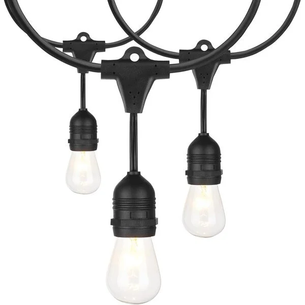 String of three hanging light bulbs with black sockets and cords.