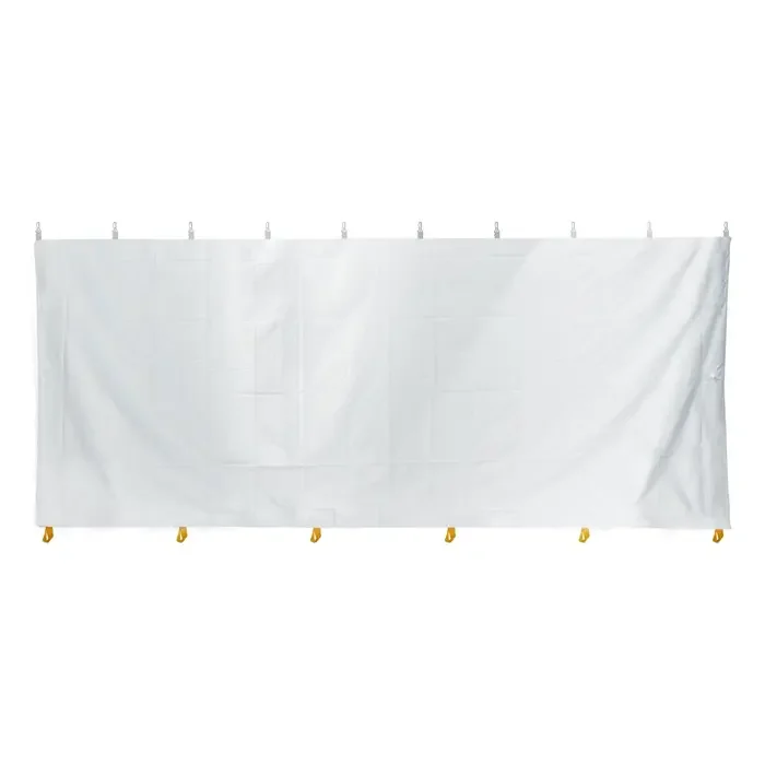 A large white fabric banner with metal hooks at the top and yellow hooks at the bottom, hanging against a plain white background.