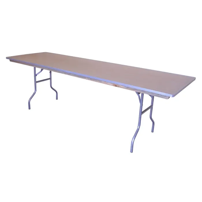 A long foldable table with a beige top and metal legs.