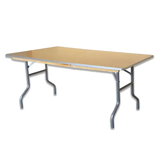 A plain rectangular folding table with a light wood surface and metal legs.