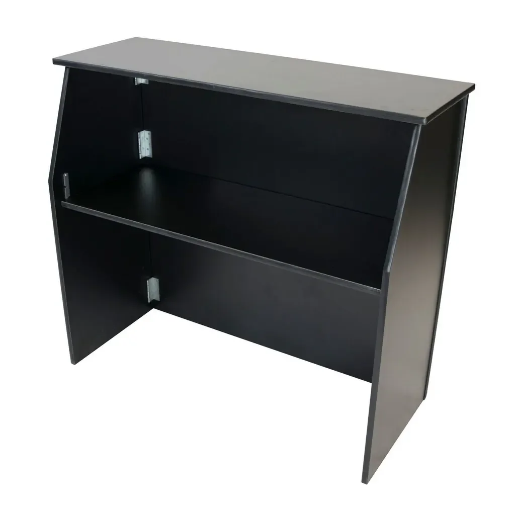 Black metal display shelf with two open compartments and a flat top, isolated on white background.