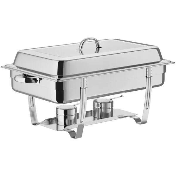 Stainless steel chafing dish with lid and fuel holders on a stand.