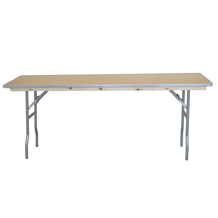 Long folding table with a beige top and metal legs.