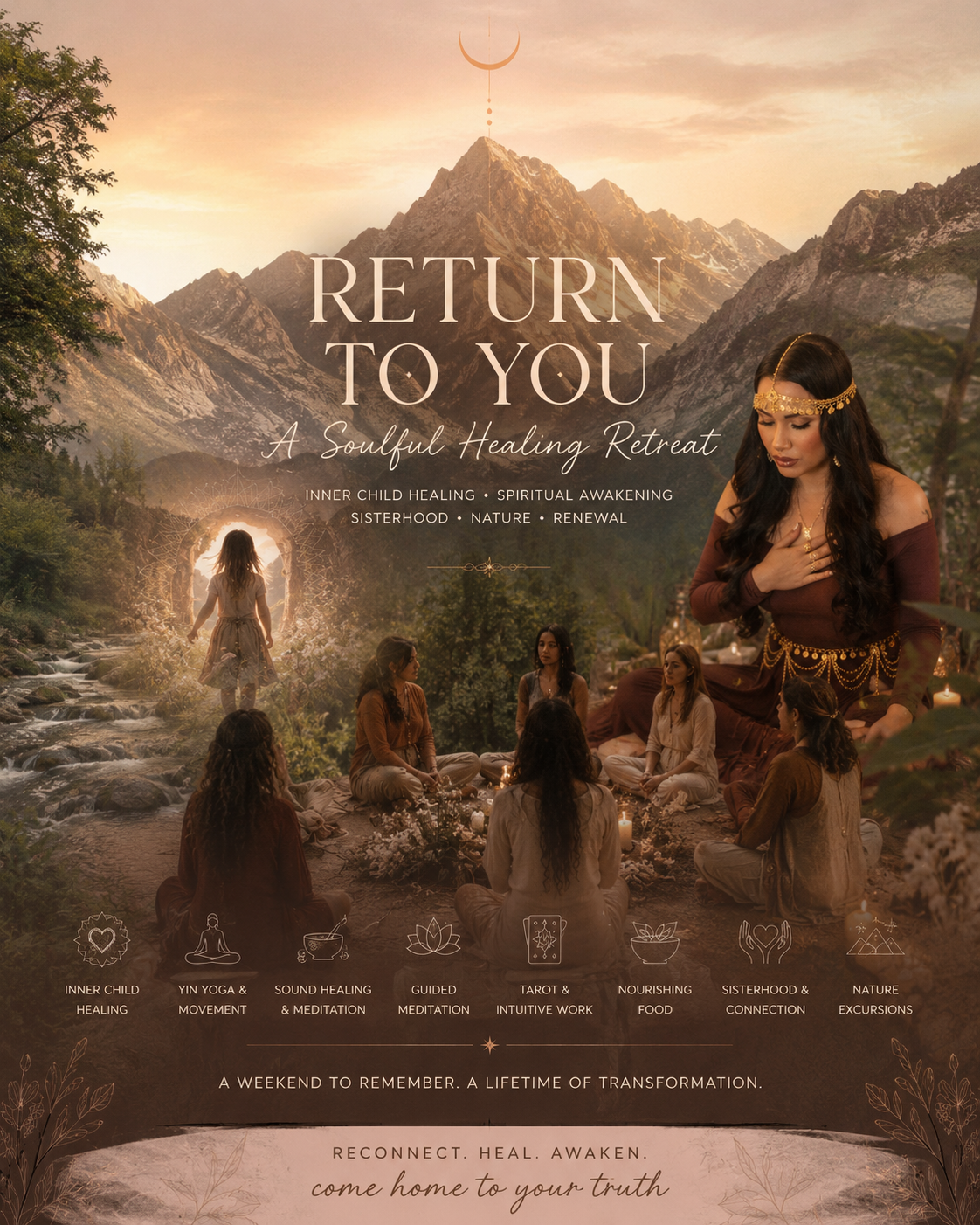 A promotional poster for a soulful healing retreat titled "Return to You" with a mountain landscape background, a crescent moon, and an image of women practicing meditation and healing activities outdoors in a forested area at sunset.