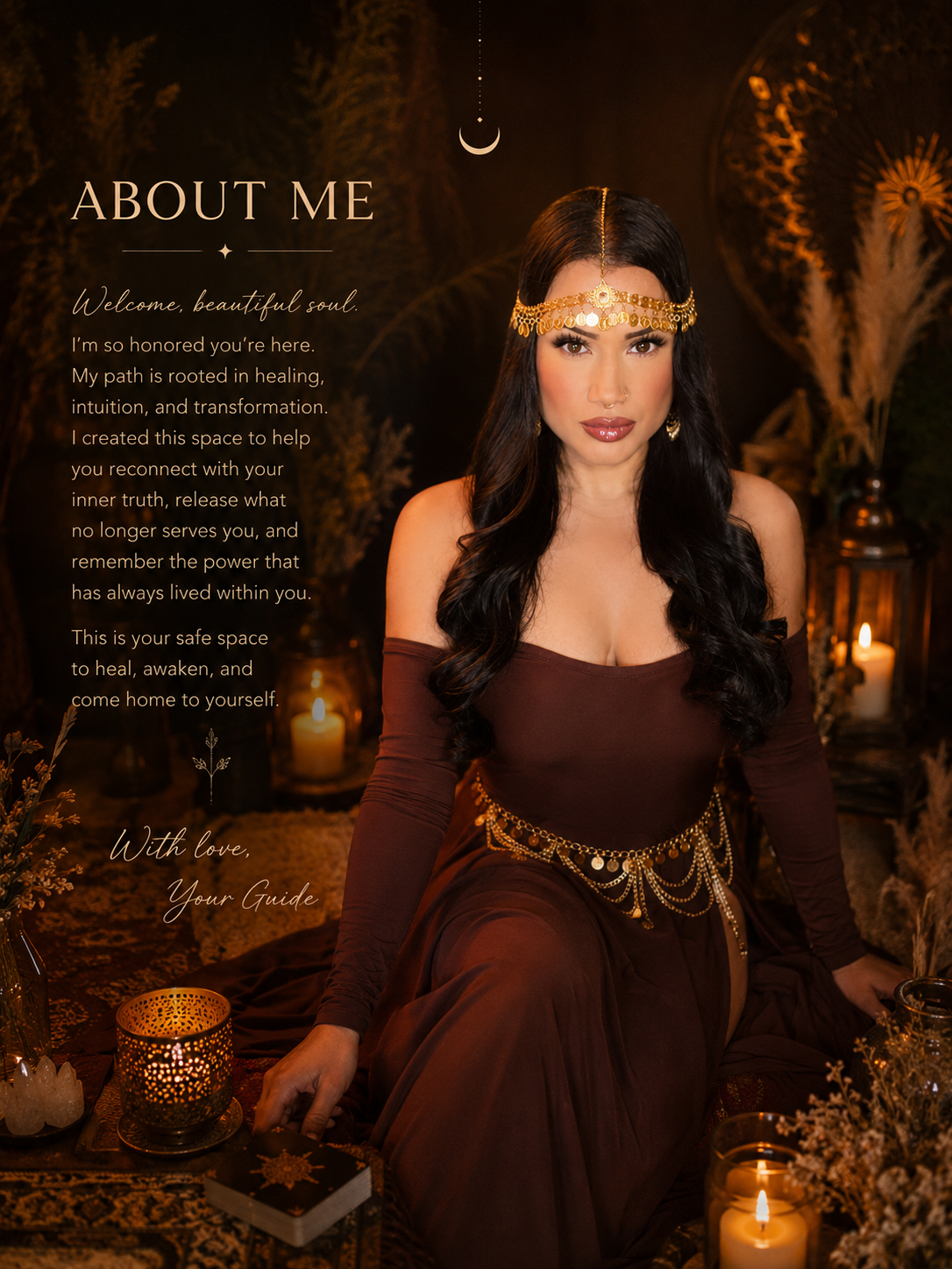 A woman with long black hair, wearing a gold headpiece and jewelry, sits in a dimly lit, atmospheric setting with candles and plants, next to a text overlay about spiritual healing and inner truth.