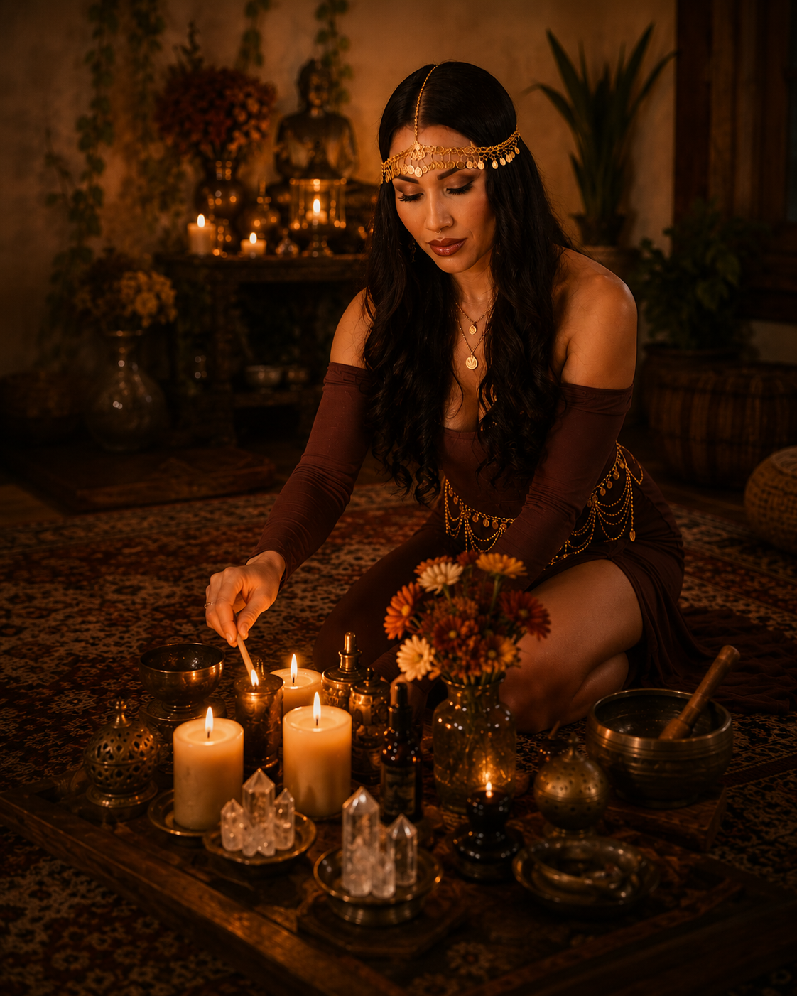 Woman dressed in bohemian style with gold jewelry, lighting candles and herbs in a dimly lit room decorated with candles, flowers, and mystical objects.
