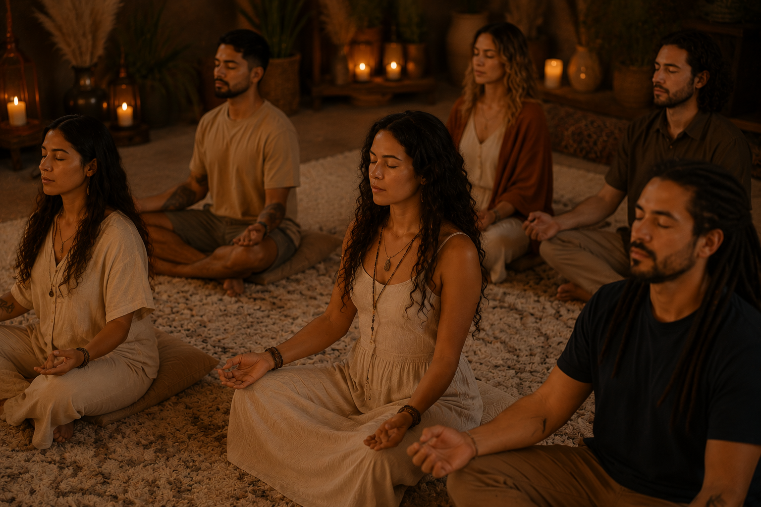 A group of six people sitting on a carpeted floor in a meditation pose with their eyes closed, in a dimly lit room decorated with candles and plants.