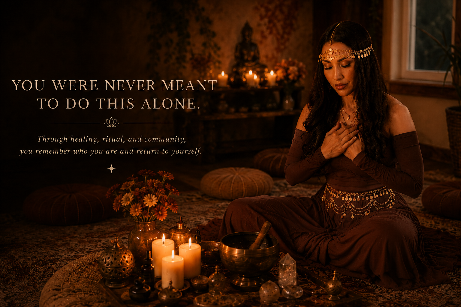 A woman with long dark hair, dressed in bohemian clothing and jewelry, praying with her hands on her chest in a dimly lit room with candles, a Buddha statue, and ritual items, suggesting a spiritual or healing ritual.