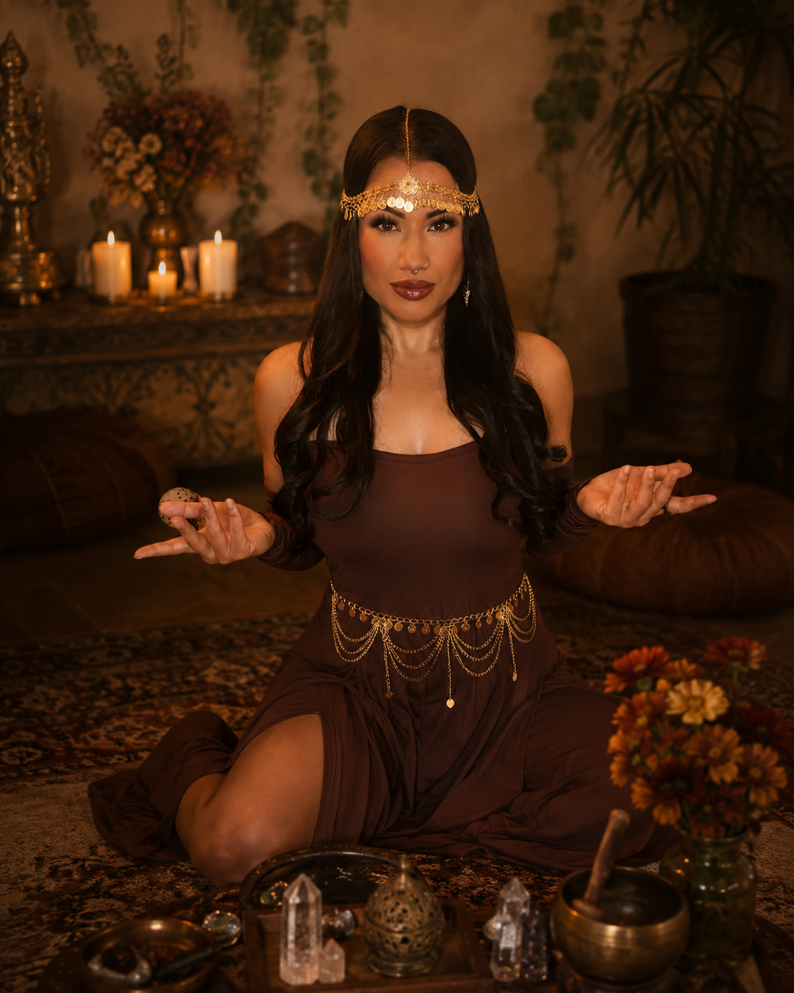 A woman with long black hair, gold jewelry, and dark makeup sits on a patterned rug with her legs folded under her in a warm, candlelit room decorated with flowers and plants. She is holding a small object in her right hand and has her palms up.