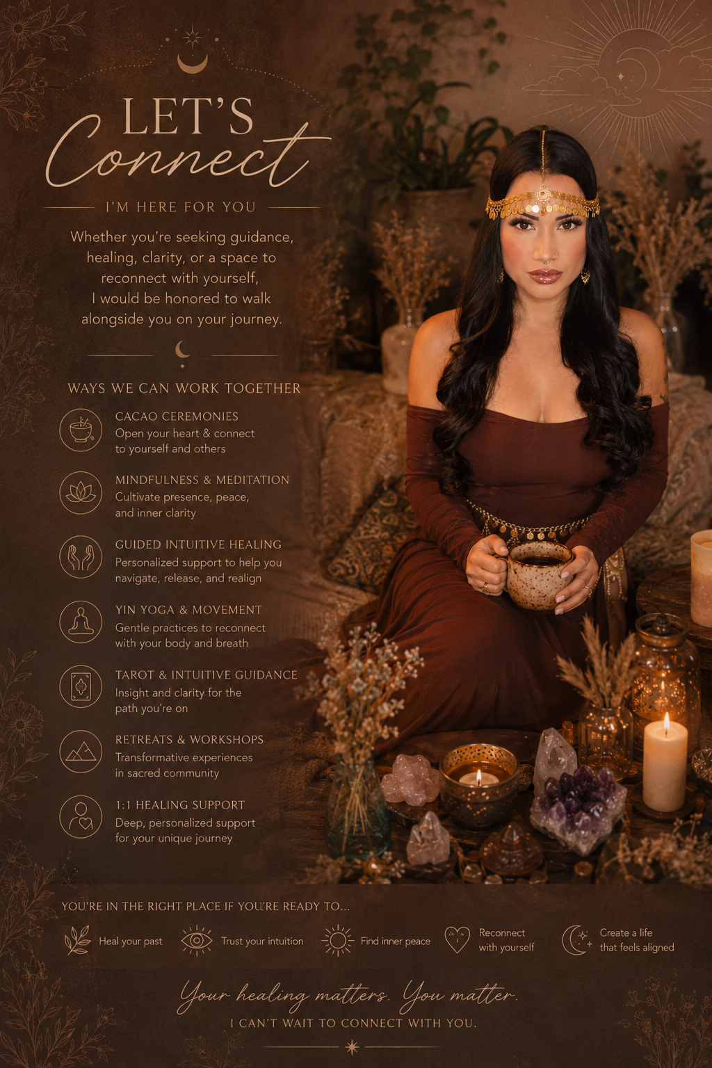 A woman with long dark hair and gold jewelry sitting among candles and crystals, holding a mug, with a spiritual and mystical ambiance, part of a flyer promoting holistic healing services.