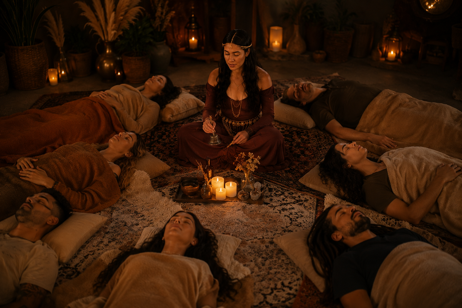 A woman sitting cross-legged on a rug surrounded by candles and flowers, leading a group of people lying on their backs with eyes closed in a dimly lit room decorated with potted plants and lanterns.