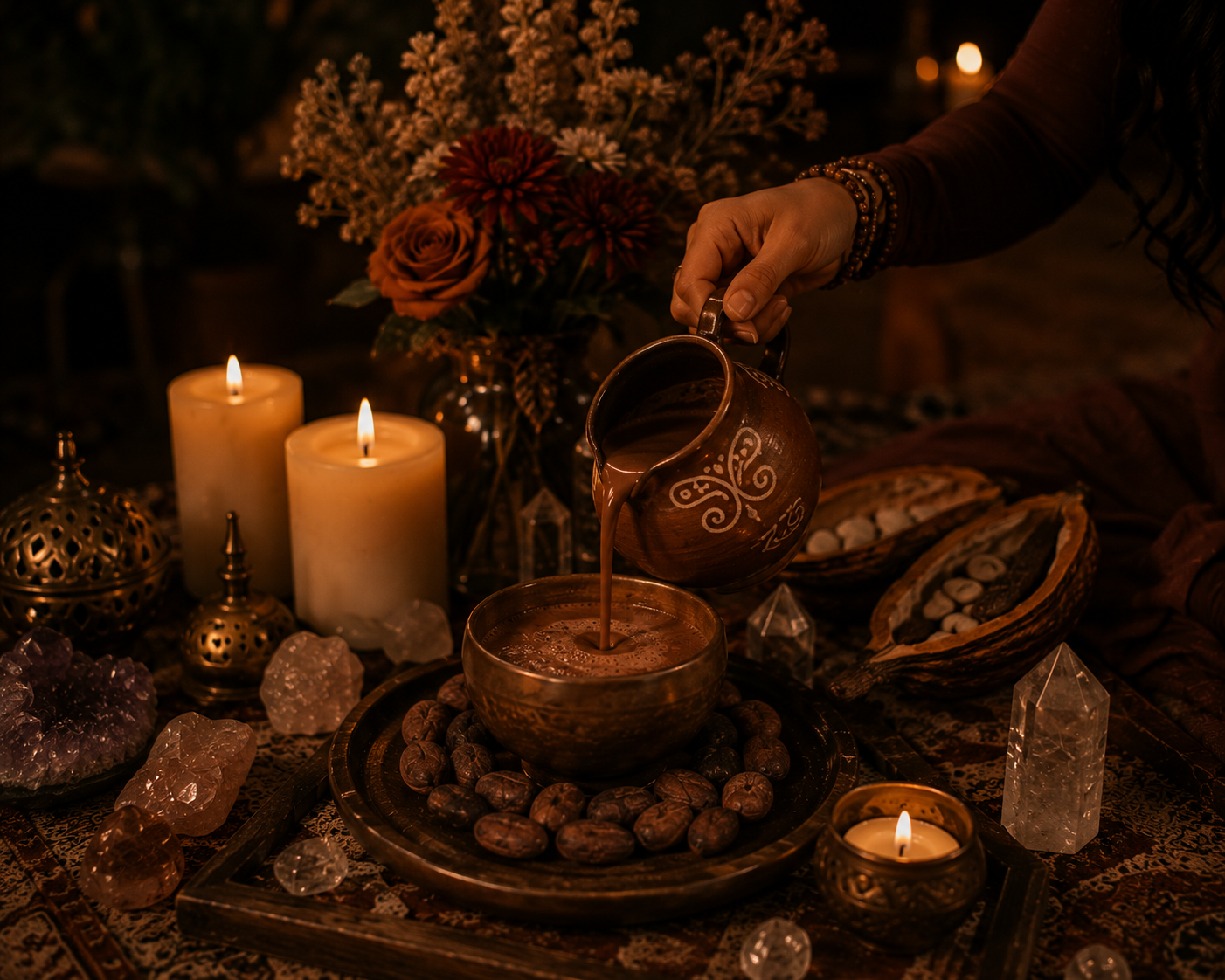 A person pours liquid into a bowl surrounded by candles, crystals, and shells on a table in a dimly lit setting, possibly for a spiritual or ritual purpose.
