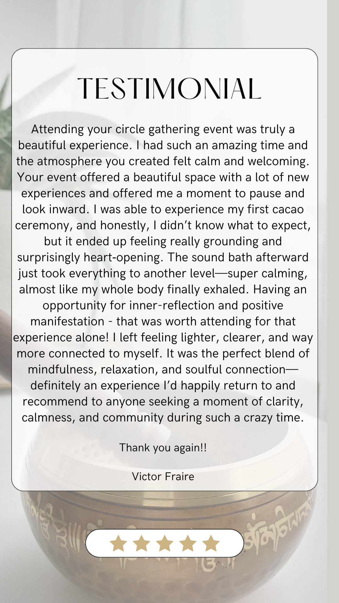 A testimonial displayed over an image of a coffee cup with Thai writing on it, five gold stars at the bottom.