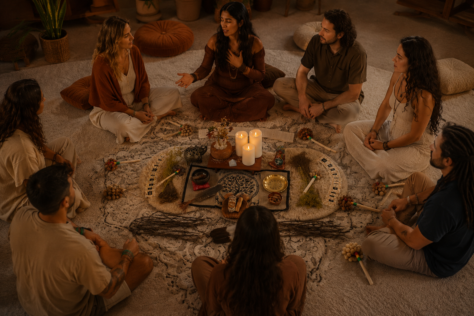 A group of eight people sitting cross-legged in a circle indoors, participating in a ritual or meditation, surrounded by candles, incense, and spiritual objects on a decorative rug.