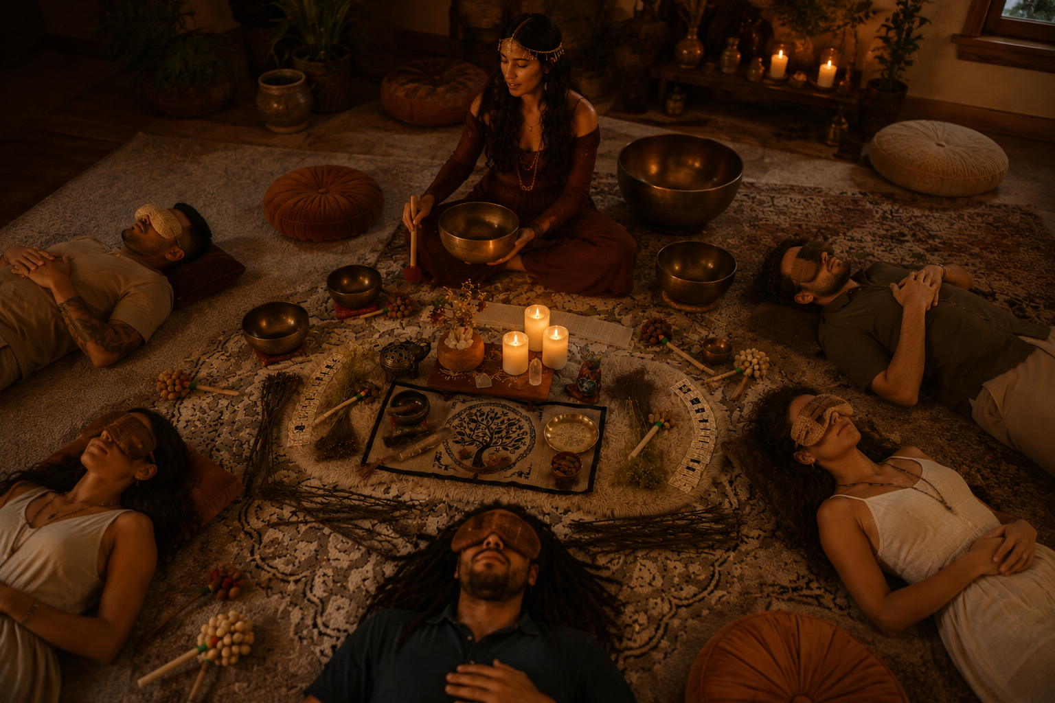 Group of people participating in a mindfulness or meditation session in a cozy, dimly lit room filled with candles, plants, and traditional decor. They are lying or sitting on rugs, wearing sleep masks or relaxing expressions.