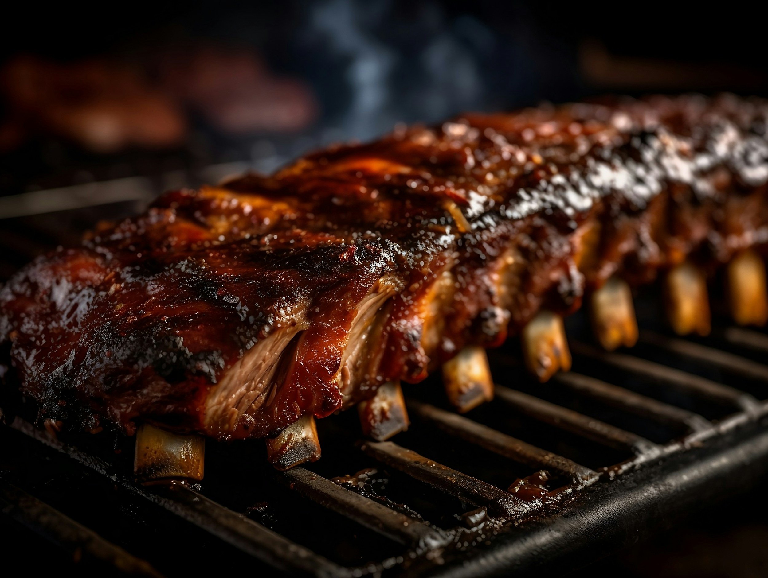 Close-up of a rack of beef ribs grilling on an open grill, coated in barbecue sauce, with visible grill marks and smoke in the background.