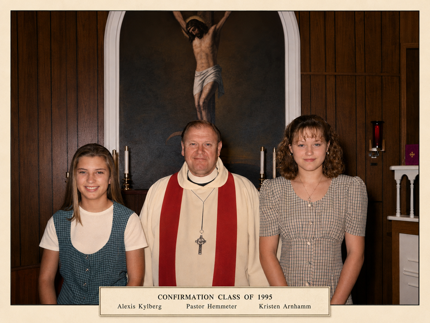 Bethlehem Lutheran Church confirmation class, 1995, Lund, Texas — Alexis Kylberg and Kristen Arnhamm with Pastor Hemmeter.