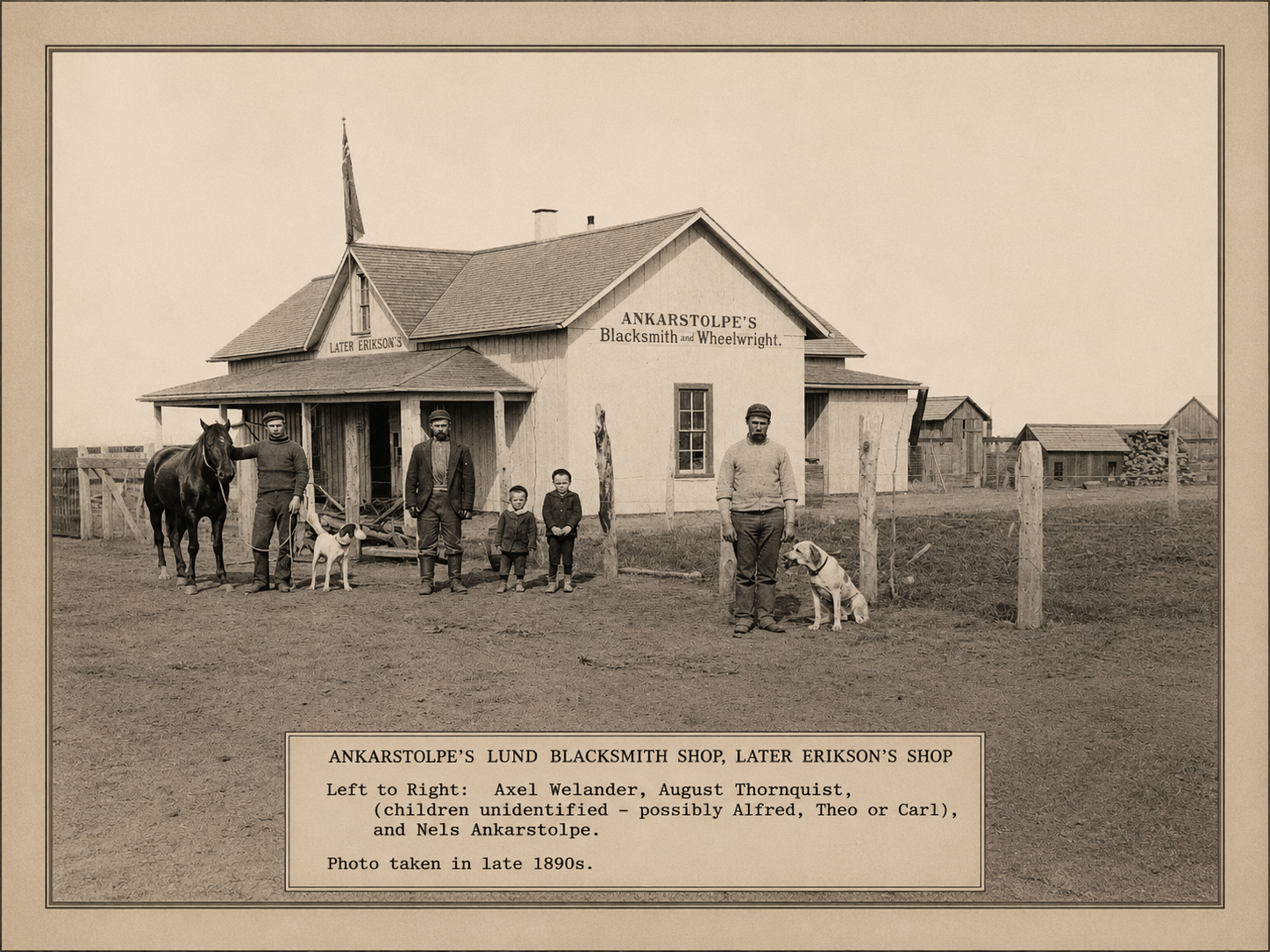 Ankarstolpe's Blacksmith and Wheelwright Shop, Lund, Texas, late 1890s — Axel Welander, August Thornquist, Nels Ankarstolpe and others, founding-era families of Bethlehem Lutheran Church.