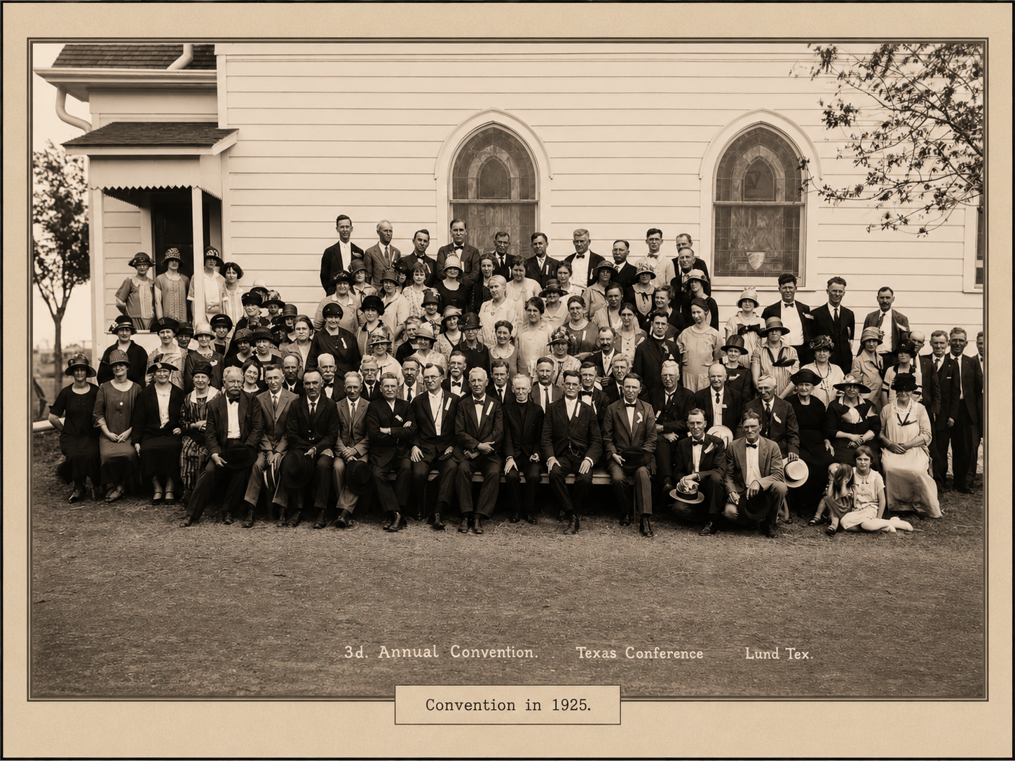 Bethlehem Lutheran Church hosting the 3rd Annual Texas Conference Convention in 1925, Lund, Texas — the congregation gathered outside the original 1899 church building.