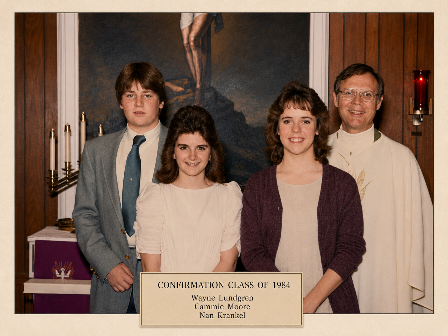 Bethlehem Lutheran Church confirmation class of 1984, Lund, Texas — Wayne Lundgren, Camnie Moore, and Nan Krankel with their pastor, the first confirmation class after the congregation rebuilt following the 1980 tornado.