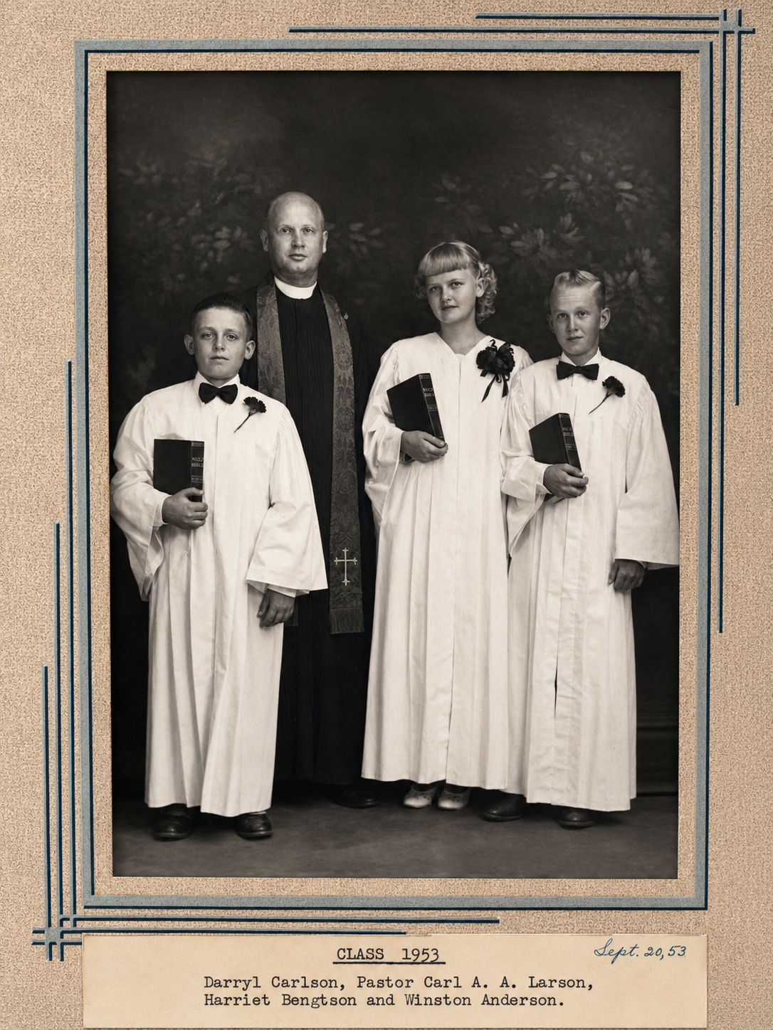 Bethlehem Lutheran Church confirmation class of 1953, Lund, Texas — Darryl Carlson, Harriet Bengtson, and Winston Anderson with Pastor Carl A. A. Larson.