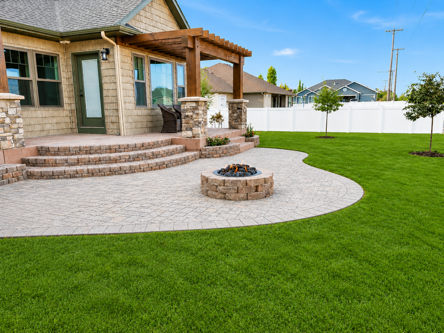 Backyard with a brick patio, fire pit, green lawn, and young trees surrounded by a white fence.