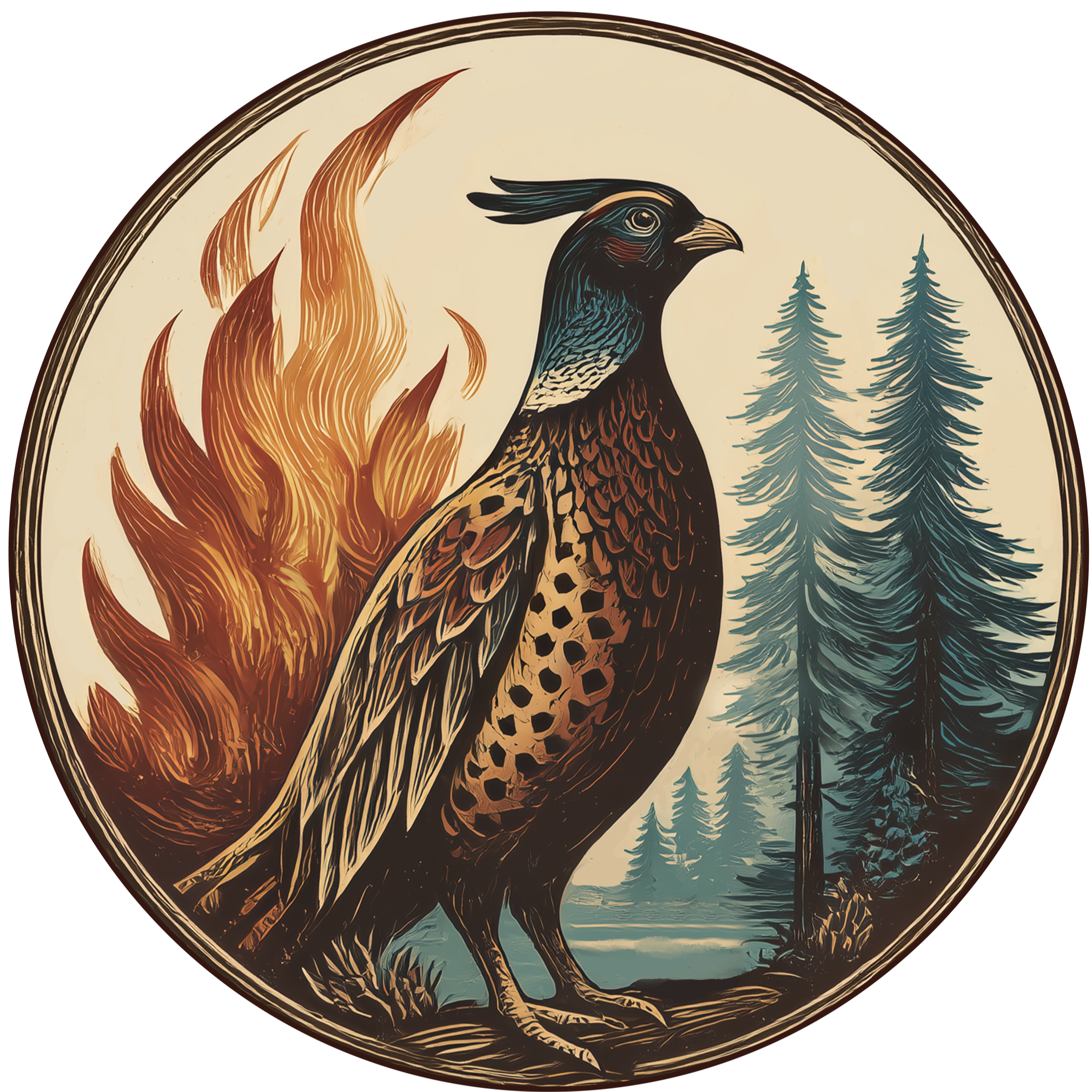 Illustration of a bird surrounded by flames and pine trees in a circular frame.