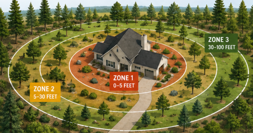 Diagram of a house surrounded by three concentric zones indicating recommended safety distances. Zone 1 is 0-5 feet around the house, Zone 2 is 5-30 feet, and Zone 3 is 30-100 feet.