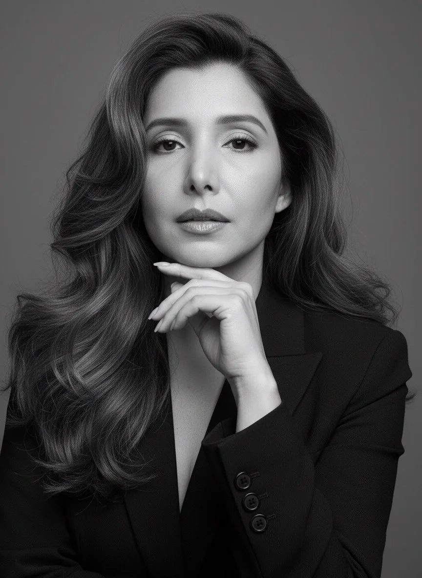 Black and white portrait of a woman with wavy hair, wearing a dark blazer, and posing with her chin resting on her hand.