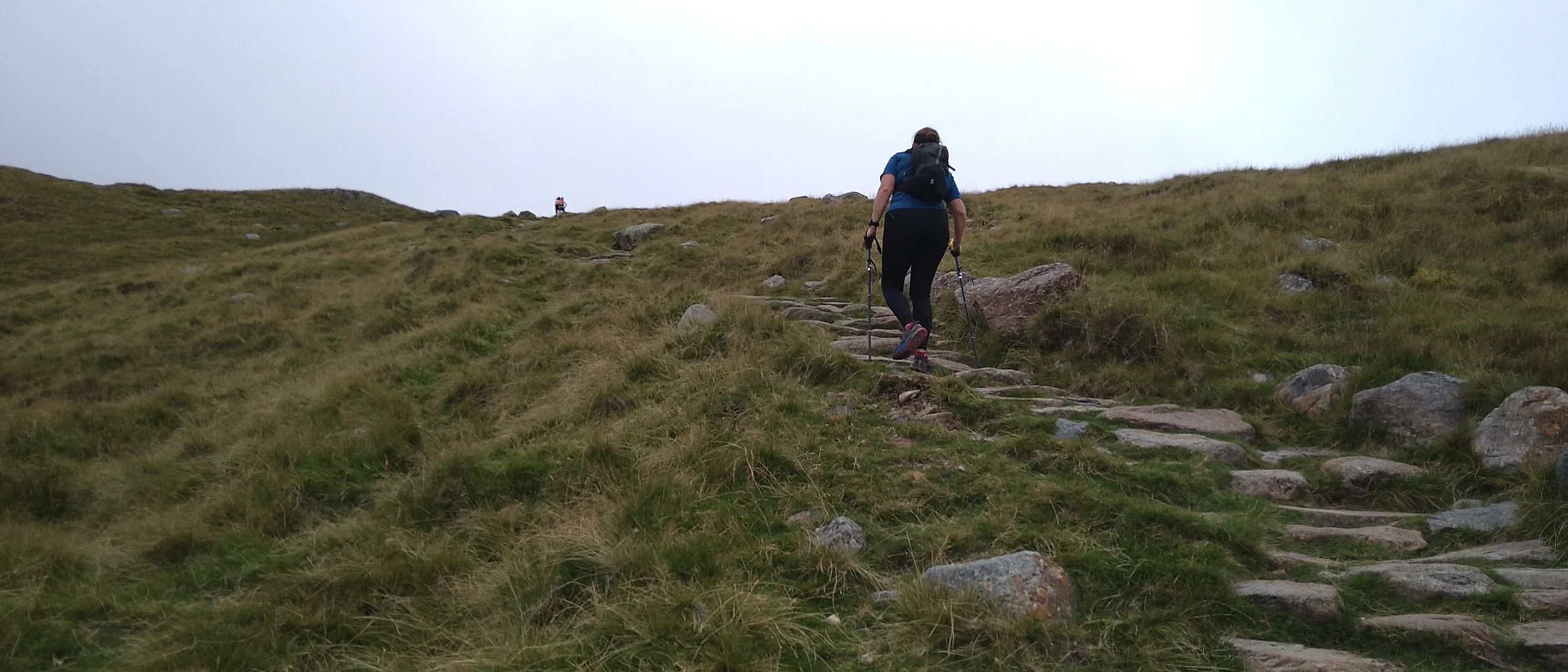 Person hiking uphill on a rocky trail in grassy terrain, wearing a backpack and using trekking poles.
