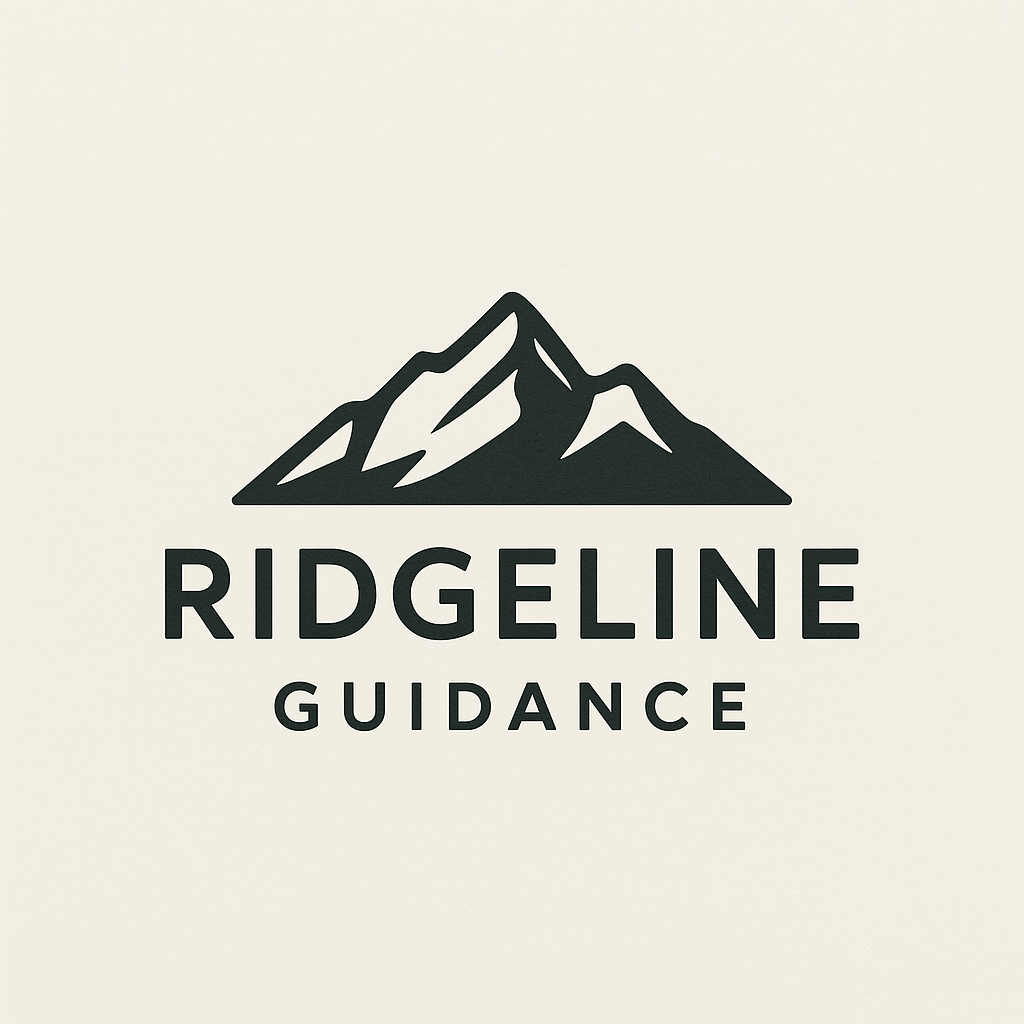 Logo featuring a stylized mountain illustration with the words "Ridgeline Guidance" below, on a light background.