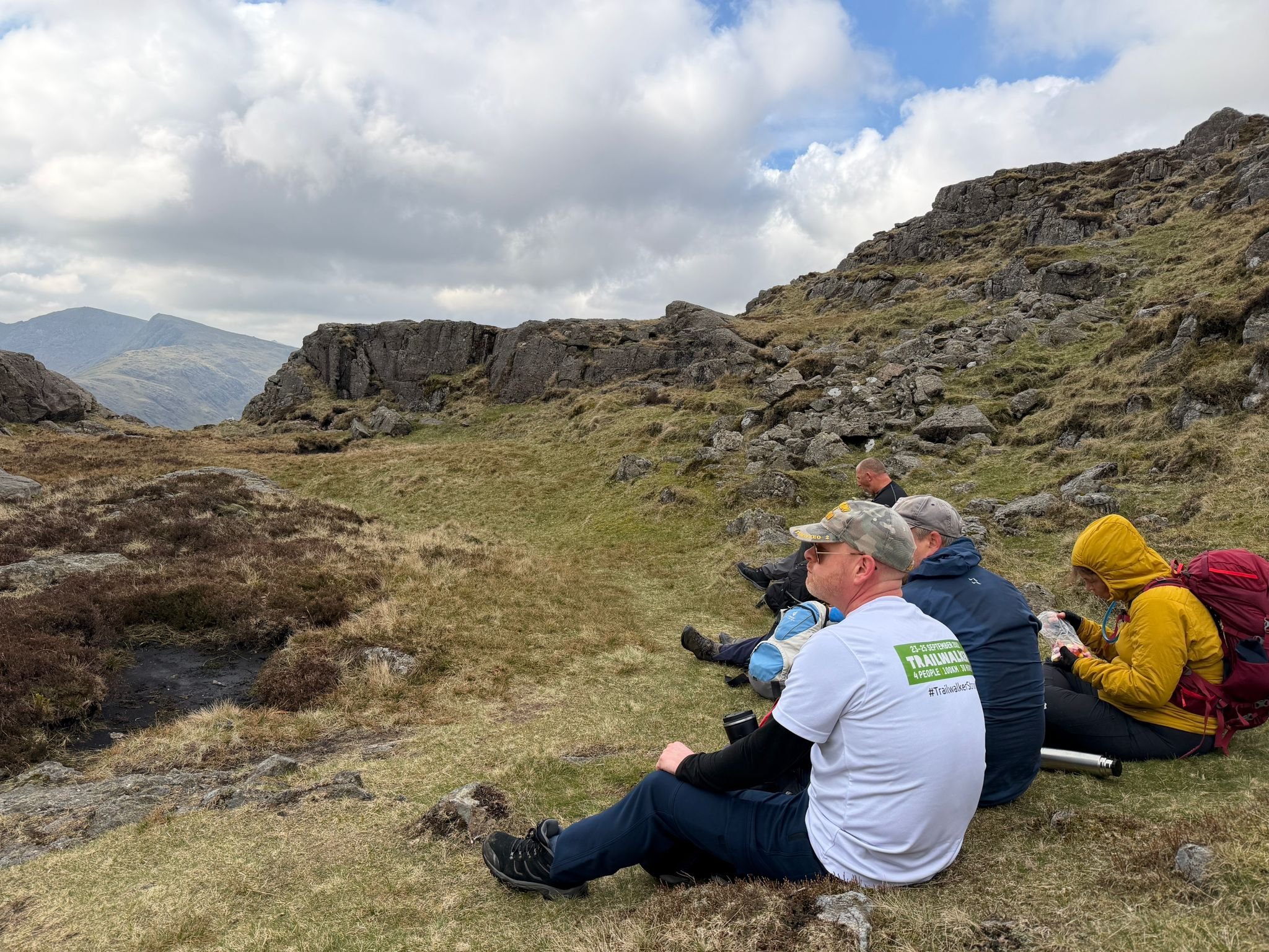 Group of hikers resting on rocky terrain in a mountain landscape with cloudy sky