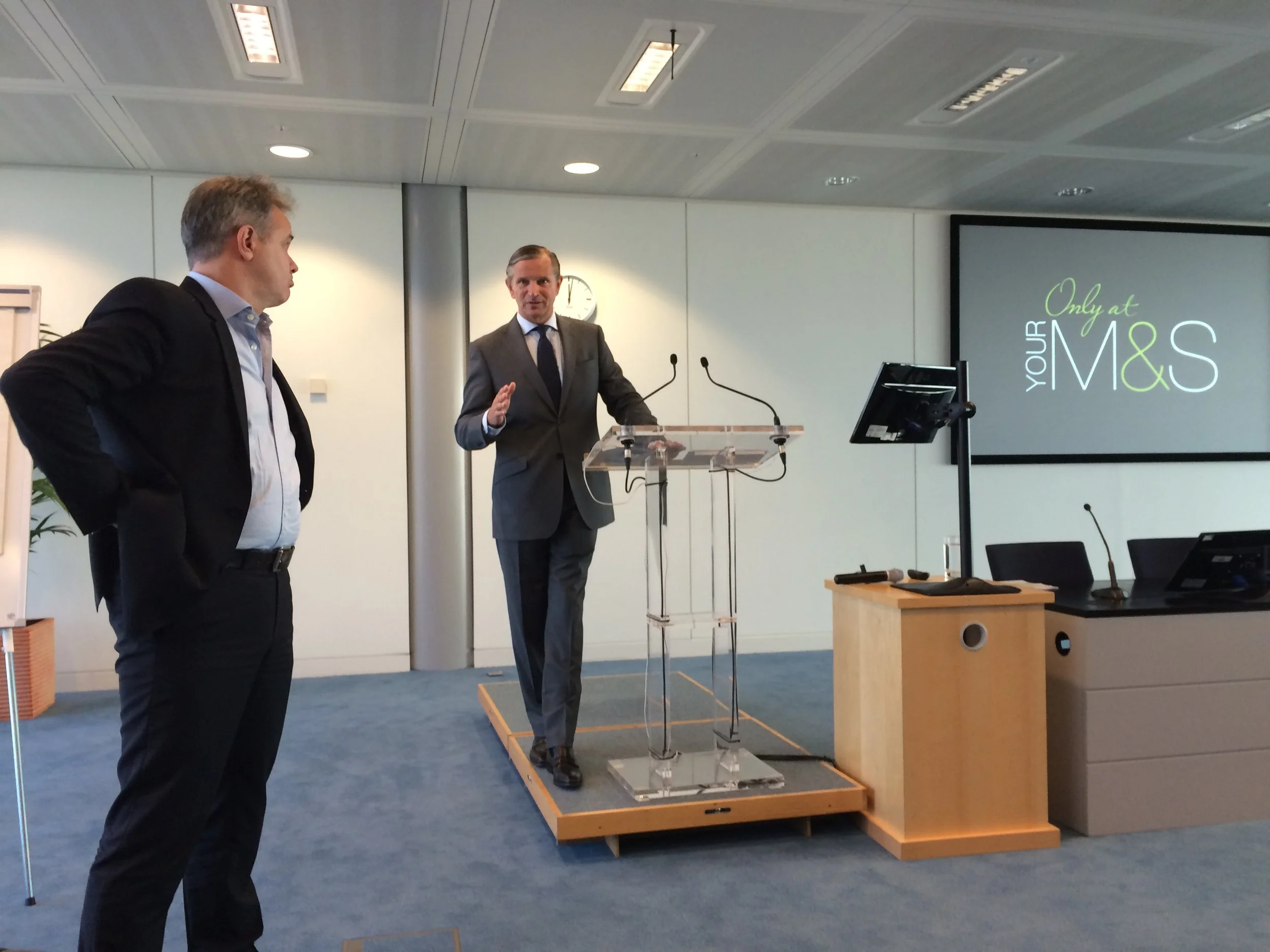 M&S CEO at the time, Marc Bolland, presenting an inspiring Speaker Series talk for our staff, here shown with Wellcome CEO at the time, Prof Sir Jeremy Farrar.