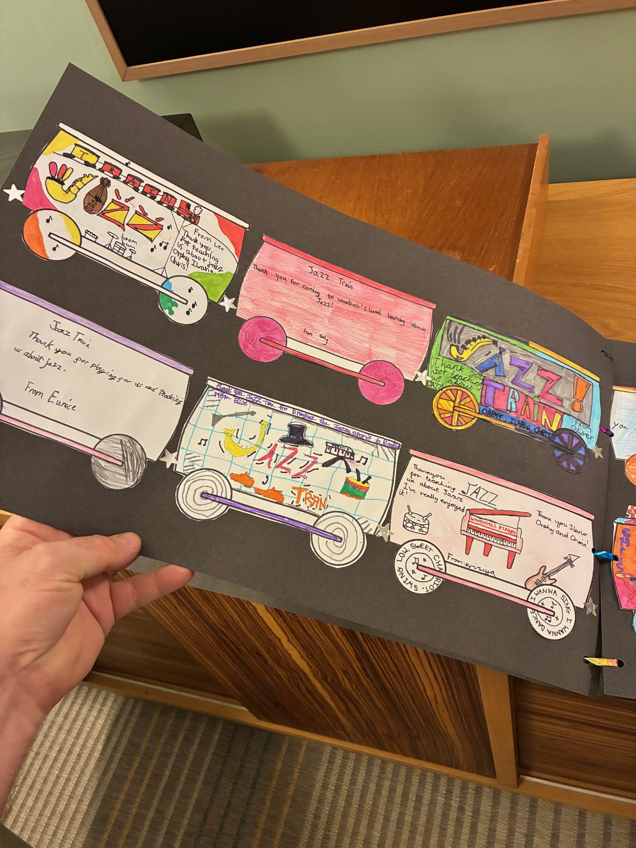 Children's artistic feedback in response to the Jazz Train, which crosses several subject areas and leads to all sorts of new responses and ideas throughout school life.