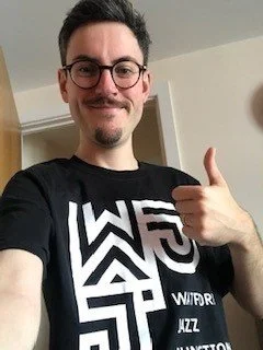 WJJ Podcast guest Elliot Galvin, sporting a Watford Jazz Junction T-shirt.