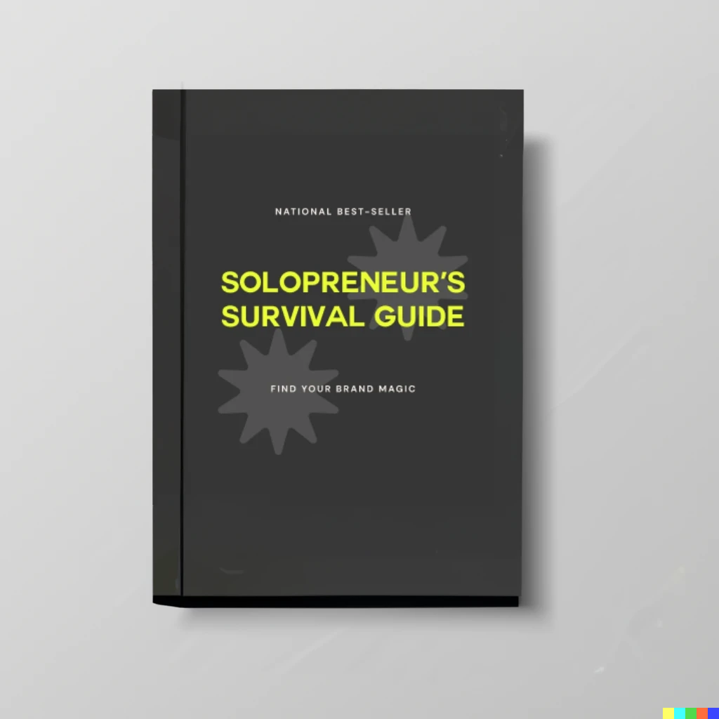 Black book titled 'Solopreneur's Survival Guide' with the subtitle 'Find Your Brand Magic' on a light grey surface.