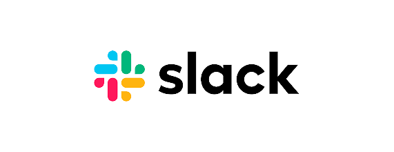 Slack logo with colorful symbol and the word 'slack' in black letters.