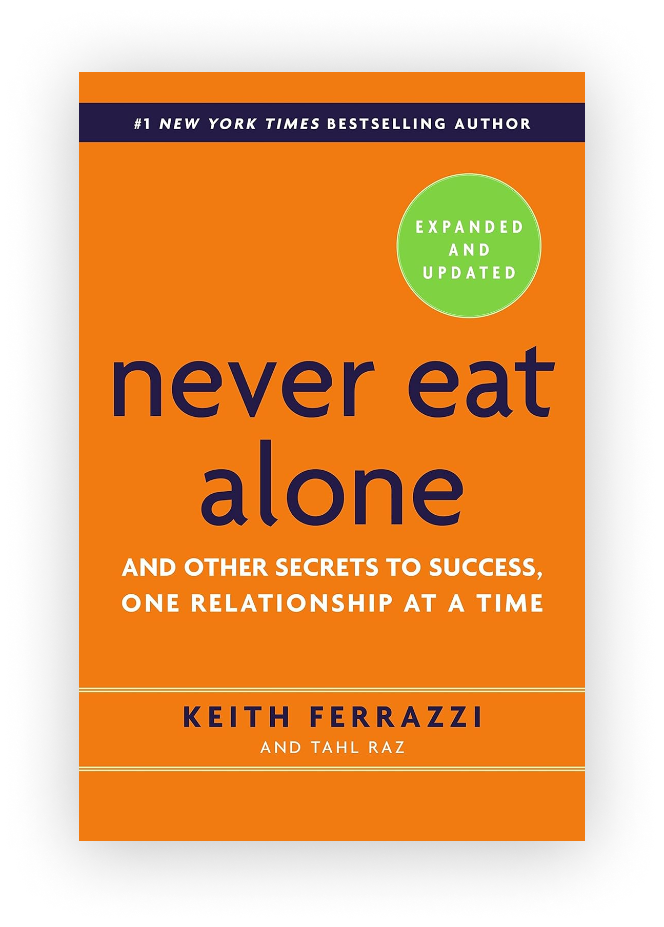 Book cover titled 'Never Eat Alone' by Keith Ferrazzi and Tahl Raz. The cover is orange with navy and green accents, and the subtitle reads 'And other secrets to success, one relationship at a time.' It features a green circle with the words 'Expanded and Updated' and a navy band with the text '#1 New York Times Bestselling Author' at the top.