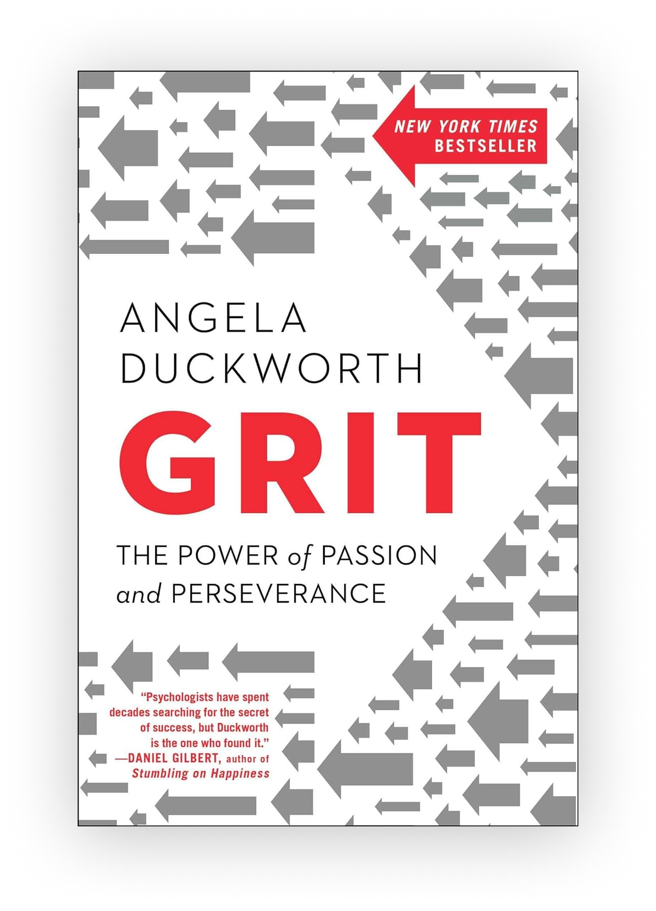 Cover of the book "Grit: The Power of Passion and Perseverance" by Angela Duckworth, with a pattern of gray arrows pointing in various directions on a white background and a red banner indicating it is a New York Times bestseller.