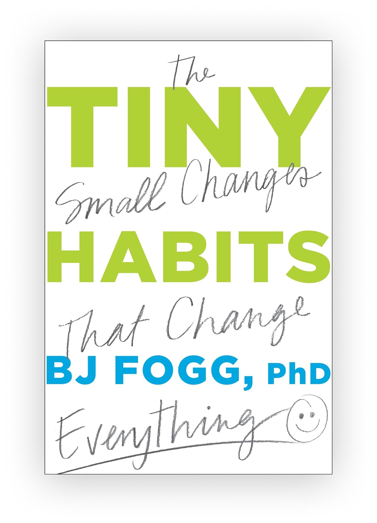 A motivational poster with the quote, 'The tiny small changes that change everything,' attributed to BJ Fogg, PhD, written in different fonts and colors including green, black, and blue, with a smiley face at the bottom.