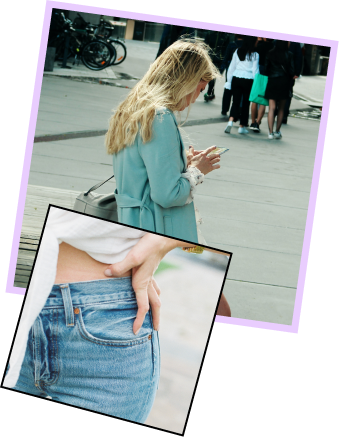 A woman with blonde hair looking at her phone on a city sidewalk, with a collage of a hand reaching into a pocket of blue jeans overlaying the image.