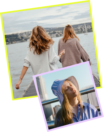 Two women standing outdoors near a body of water holding hands, with a cityscape in the background, and a young woman with a blue hoodie in front of a city skyline.