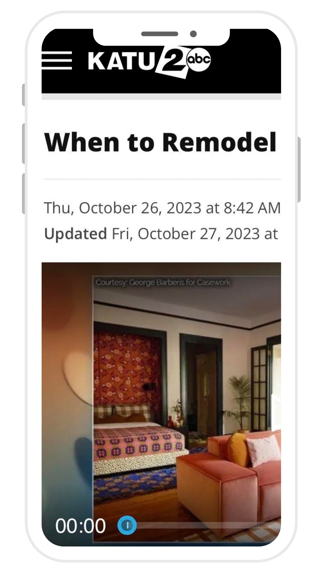A news article website with the headline "When to Remodel" and a photo of a living room with a pink couch, a patterned bed, a wooden door, and a plants, appearing to be part of an interview or feature.