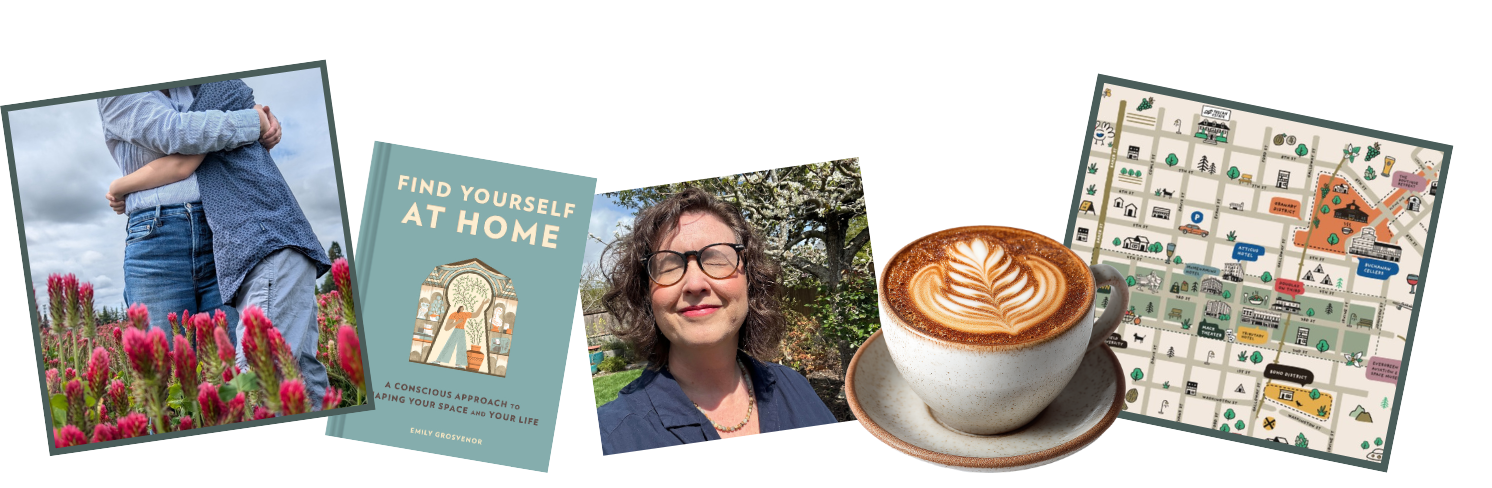 Collage of photos including two people hugging outdoors, a woman smiling in front of trees, a cup of latte art coffee, a book titled "Find Yourself at Home," and a colorful map of a neighborhood.