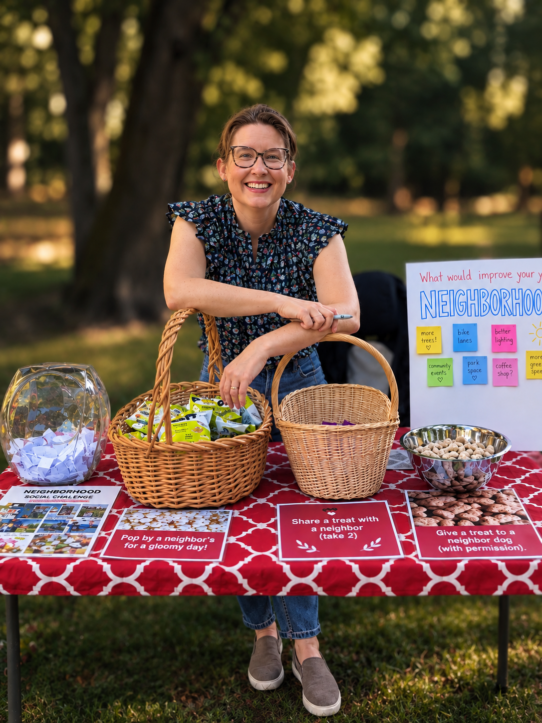 Emily Grosvenorsmiling behind a table at an outdoor neighborhood event with baskets, bowls, and signs for community activities.