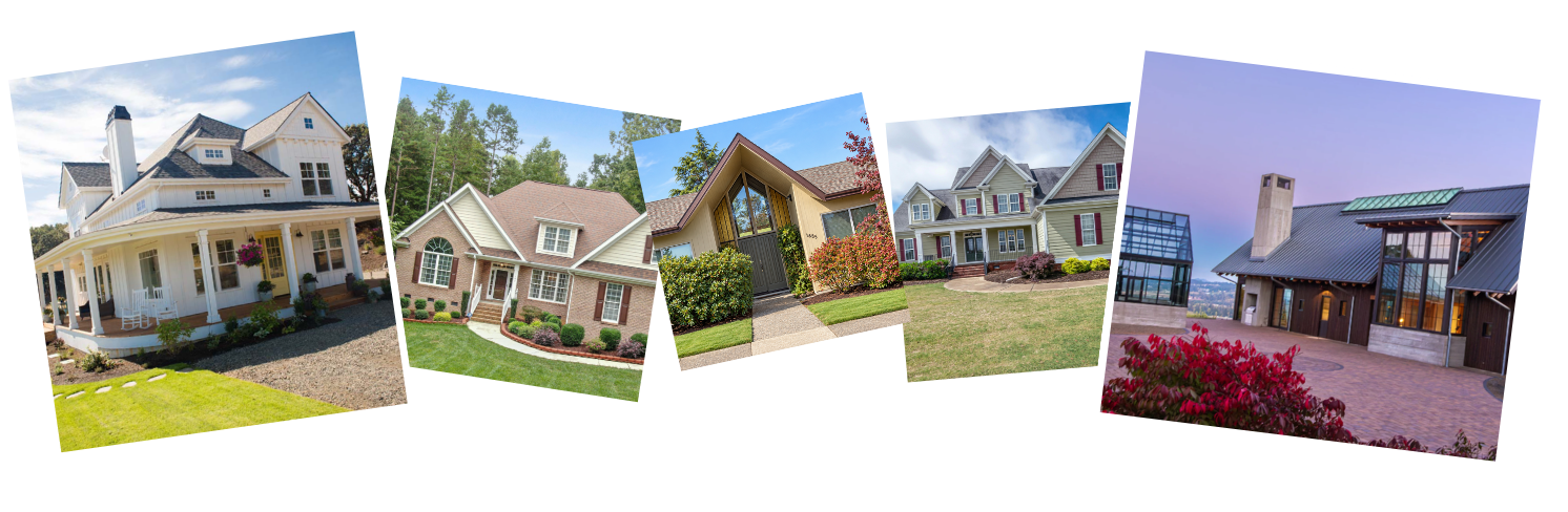 Five different houses in a collage, each with unique architectural styles and landscaping, shown at different times of the day.