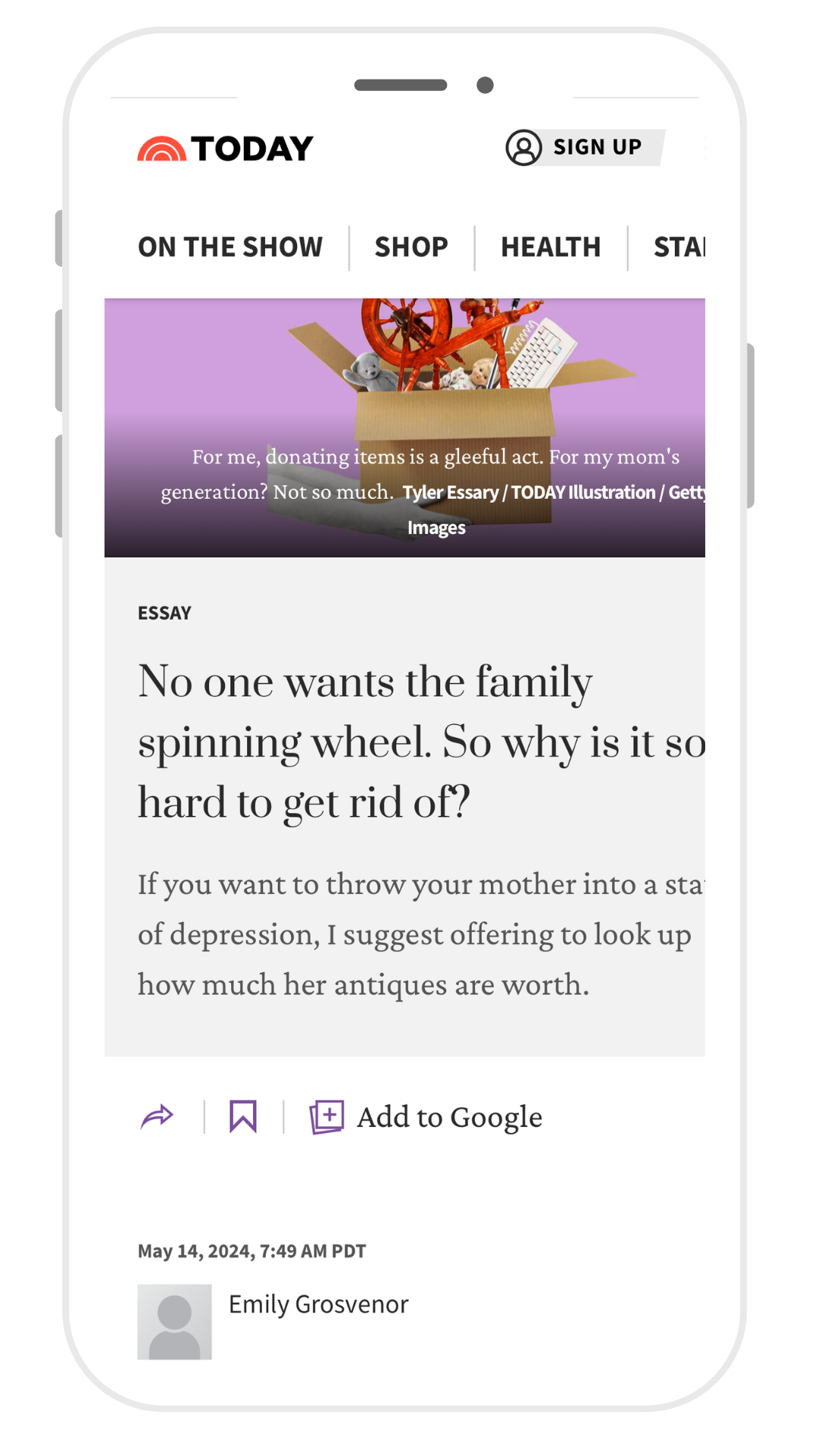 Mobile phone screen displaying a webpage from TODAY, with options for ON THE SHOW, SHOP, HEALTH, and STAY. The page features an image of a cardboard box filled with toys and items, a quote about donating items, an essay about spinning wheels, and a user comment from Emily Grosvenor, with the date and time.