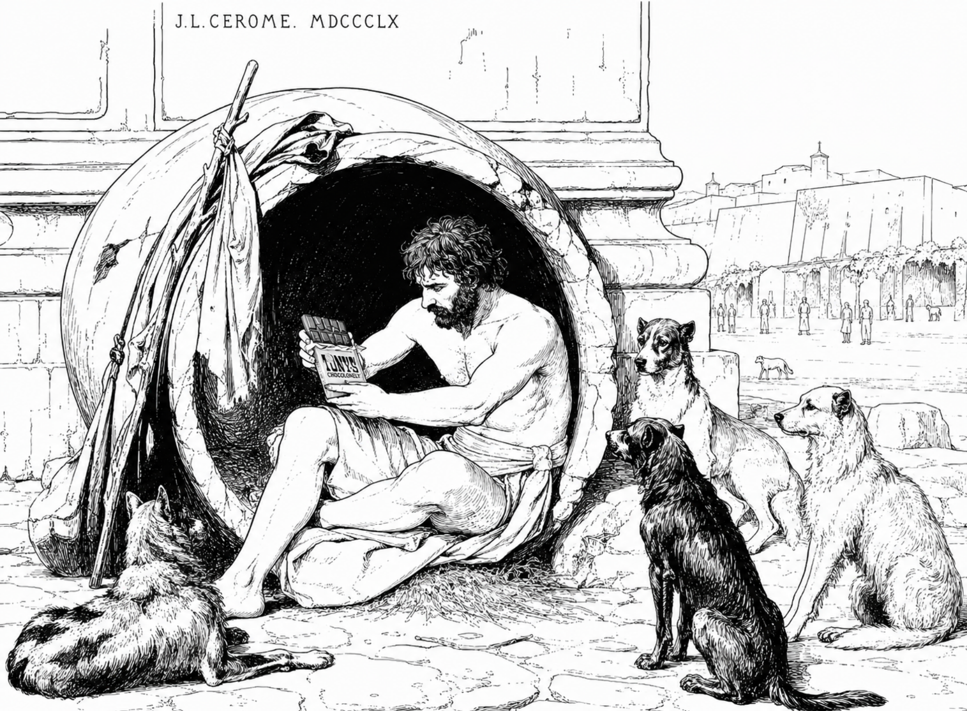 Illustrated black-and-white scene of a philosopher sitting inside a large clay jar surrounded by dogs while reading, inspired by Diogenes and ancient Greek philosophy.