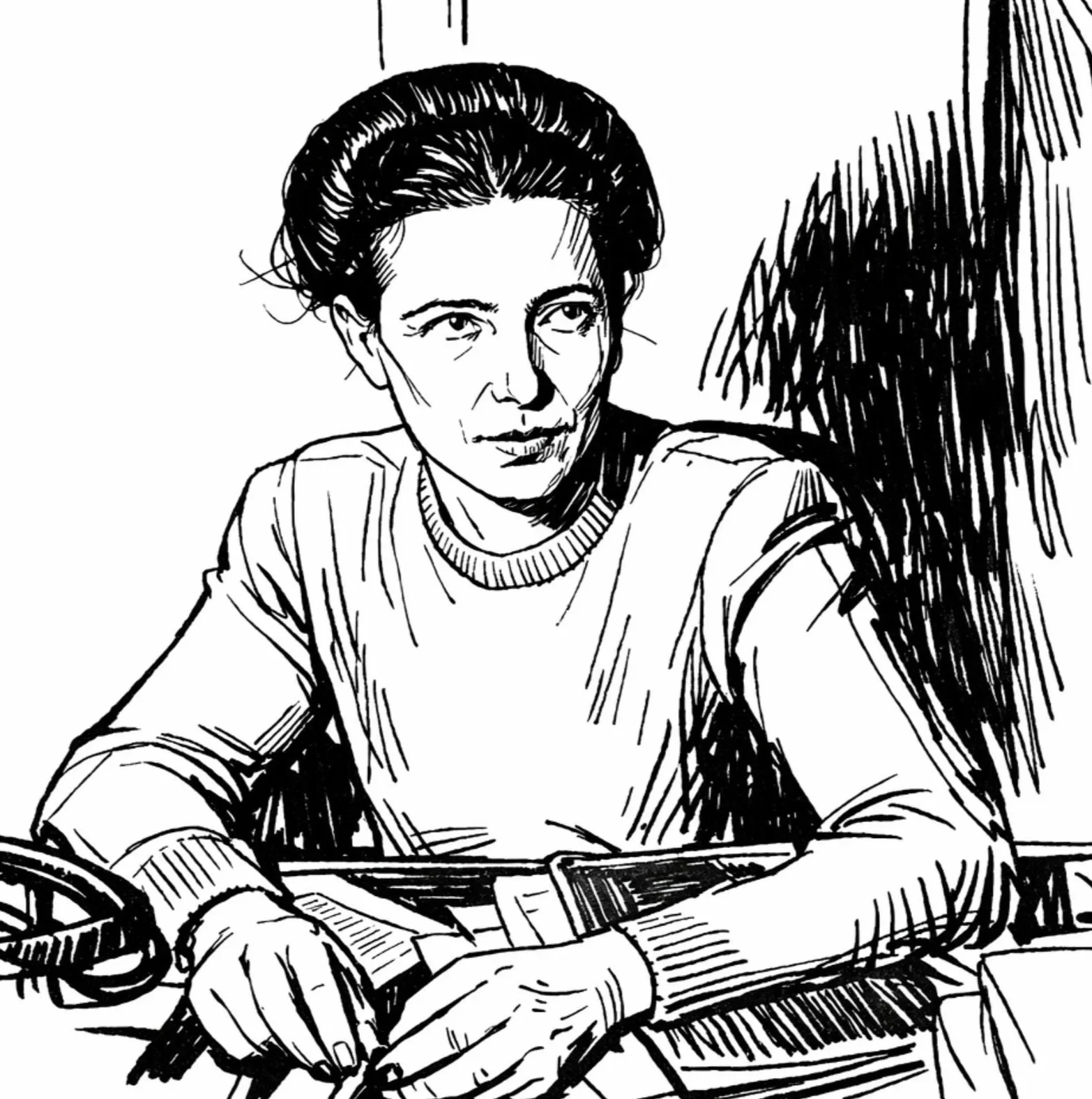 Minimal black-and-white portrait illustration of a woman seated at a desk in thought, inspired by Simone de Beauvoir and existential philosophy.
